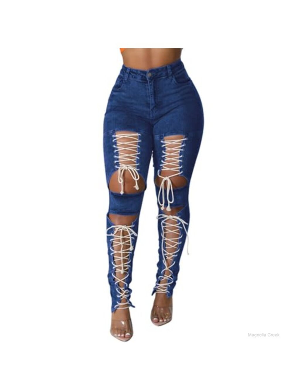 High Waisted Lace Up Ripped Skinny Jeans